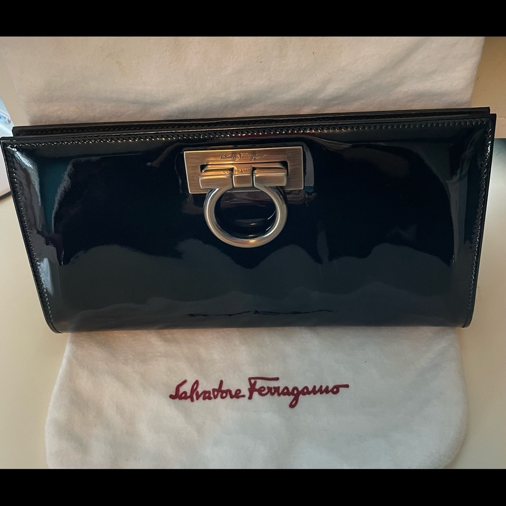 Salvatore Ferragamo black patent clutch